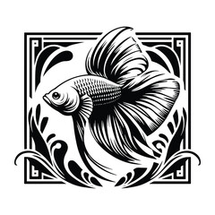 Angelfish with art deco decoration, stencil logo, black and white animal illustration