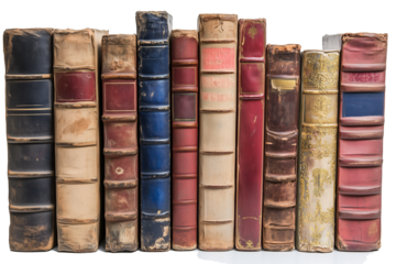 A collection of ten antique leather-bound books lined up side by side, showcasing varying colors and textures isolated on white background.