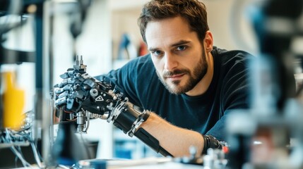 Engineer creating advanced bionic hand in modern laboratory setting during daylight hours