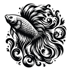 Obraz premium Betta Fish with victorian flourish decoration, stencil logo, black and white animal illustration