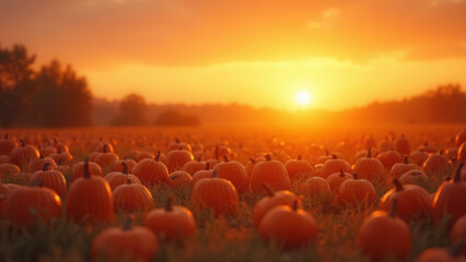 Beautiful pumpkin field with copy space and sun