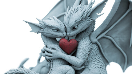 Two dragons holding a heart in their claws. Scene is romantic and affectionate