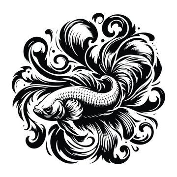 recommend clip art: Betta Fish with victorian flourish decoration, stencil logo, black and white animal illustration