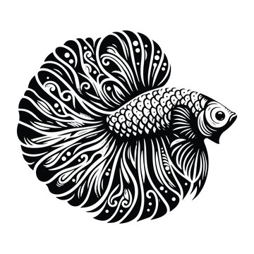 recommend clip art: Betta Fish in zentangle art, stencil logo, black and white animal illustration