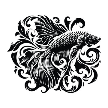 recommend clip art: Betta Fish with victorian flourish decoration, stencil logo, black and white animal illustration