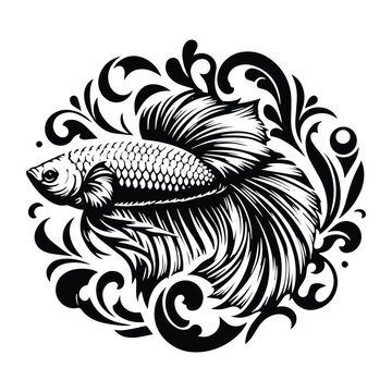 recommend clip art: Betta Fish with victorian flourish decoration, stencil logo, black and white animal illustration