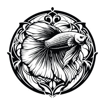recommend clip art: Betta Fish with art nouveau decoration, stencil logo, black and white animal illustration