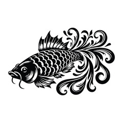carp fish with victorian flourish decoration, stencil logo, black and white animal illustration