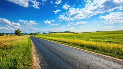 Scenic Country Road Winding Through Lush Green Fields