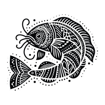 recommend clip art: Catfish in zentangle art, stencil logo, black and white animal illustration