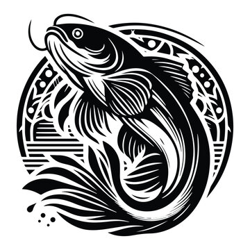 recommend clip art: Catfish with art nouveau decoration, stencil logo, black and white animal illustration
