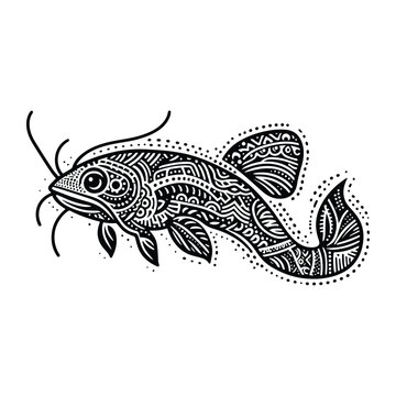 recommend clip art: Catfish in zentangle art, stencil logo, black and white animal illustration
