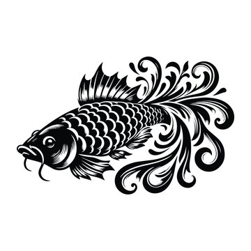 recommend clip art: carp fish with victorian flourish decoration, stencil logo, black and white animal illustration