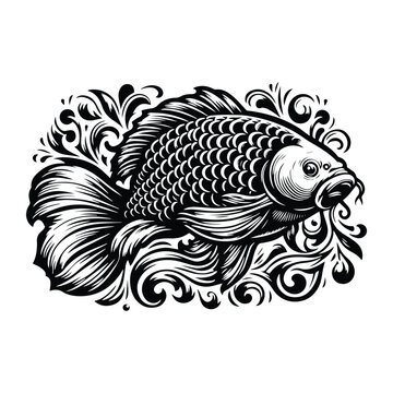 recommend clip art: carp fish with victorian flourish decoration, stencil logo, black and white animal illustration