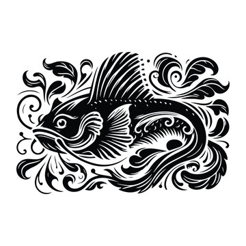 recommend clip art: Catfish with victorian flourish decoration, stencil logo, black and white animal illustration