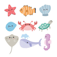 Cute sea animals set. Sea life collection. Suitable for flat design graphic illustration, clip art, stickers, etc