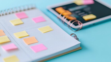Close-up of a planner with sticky notes and digital notes, multitasking, hybrid organization