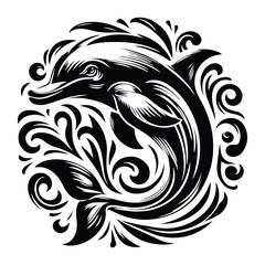 Fototapeta premium Dolphin fish with victorian flourish decoration, stencil logo, black and white animal illustration