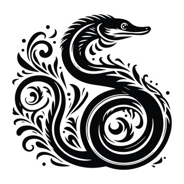 recommend clip art: Eel with victorian flourish decoration, stencil logo, black and white animal illustration