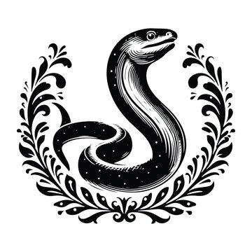 recommend clip art: Eel with victorian flourish decoration, stencil logo, black and white animal illustration