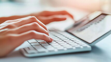 Hands typing on a keyboard while scrolling on a smartphone, multitasking, digital communication