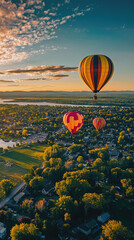 Obraz premium Colorful hot air balloons soar over a picturesque town at sunset.