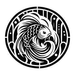 koi fish with art deco decoration, stencil logo, black and white animal illustration
