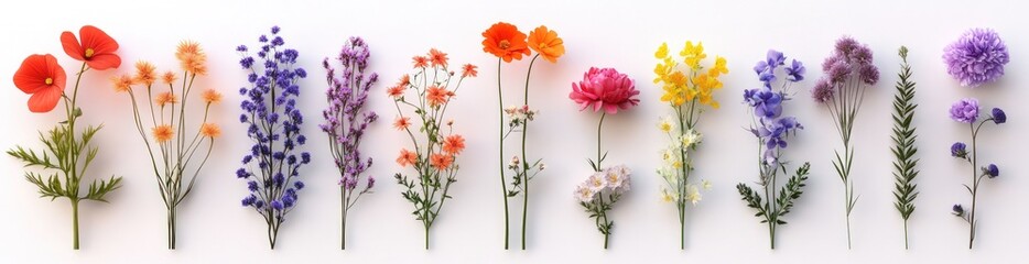 Obraz premium A set of different colors and types of flower heads arranged in rows