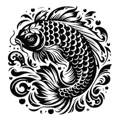 Fototapeta premium koi fish with victorian flourish decoration, stencil logo, black and white animal illustration