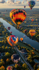 Fototapeta premium Colorful hot air balloons floating over a river in Saint-Jean-sur-Richelieu, Quebec, Canada.
