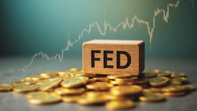 Federal Reserve Symbol - Gold Coins & Wooden Block, A wooden block engraved with "FED" rests atop a pile of gold coins against a blurred backdrop of a stock market chart.