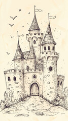 Obraz premium Hand-drawn doodle style castle with copy space.