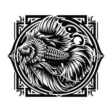 recommend clip art: lion fish with art nouveau decoration, stencil logo, black and white animal illustration