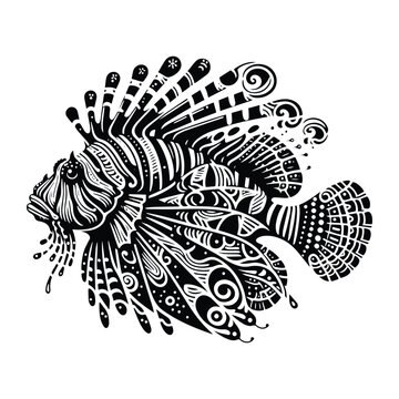 recommend clip art: lion fish in zentangle art, stencil logo, black and white animal illustration