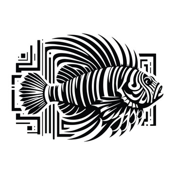 recommend clip art: Lionfish with art deco decoration, stencil logo, black and white animal illustration