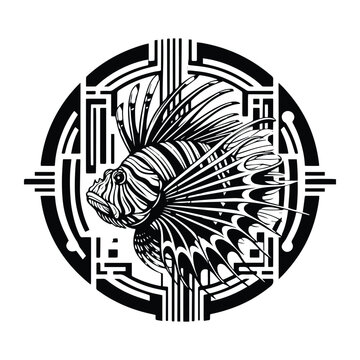 recommend clip art: Lionfish with art deco decoration, stencil logo, black and white animal illustration