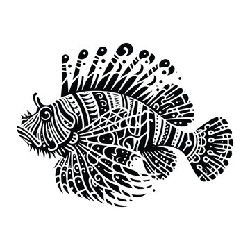 recommend clip art: Lionfish in zentangle art, stencil logo, black and white animal illustration
