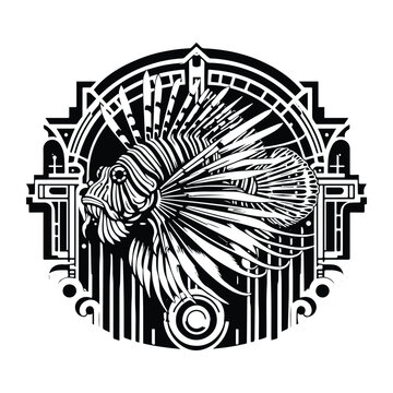 recommend clip art: Lionfish with art deco decoration, stencil logo, black and white animal illustration