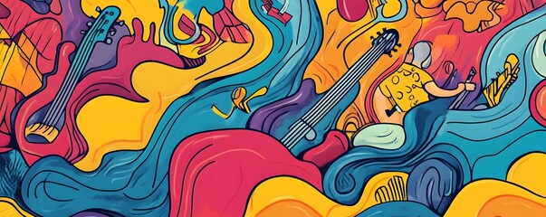 Abstract Colorful Pattern with Guitars and Swirls