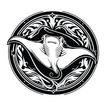 recommend clip art: MantaRay fish with art nouveau decoration, stencil logo, black and white animal illustration