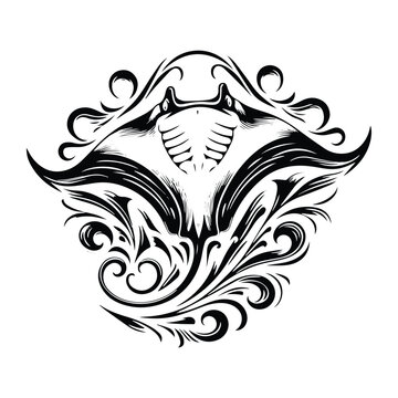 recommend clip art: MantaRay fish with victorian flourish decoration, stencil logo, black and white animal illustration