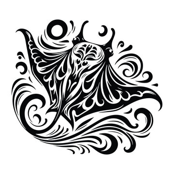 recommend clip art: MantaRay fish with victorian flourish decoration, stencil logo, black and white animal illustration