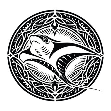 recommend clip art: MantaRay fish with art nouveau decoration, stencil logo, black and white animal illustration