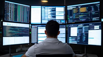 Fototapeta premium Man with multiple screens showing different tasks, multitasking, tech-enabled productivity