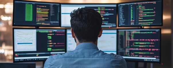 Man with multiple screens showing different tasks, multitasking, tech-enabled productivity