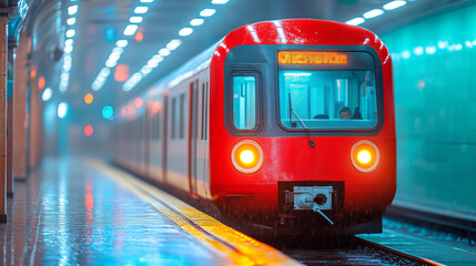 Obraz premium Bright red train arriving at a platform in a busy subway station