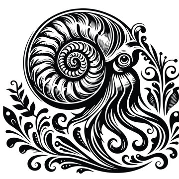 recommend clip art: nautilus with victorian flourish decoration, stencil logo, black and white animal illustration