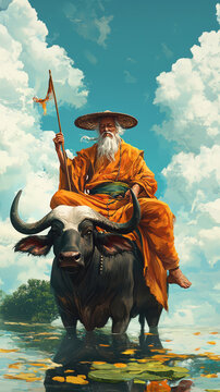 Lao Tzu riding a water buffalo through a serene landscape, radiating peace and wisdom.