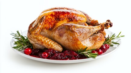 A roasted turkey on a white plate with cranberry sauce and rosemary sprigs.