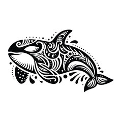 orca fish in zentangle art, stencil logo, black and white animal illustration